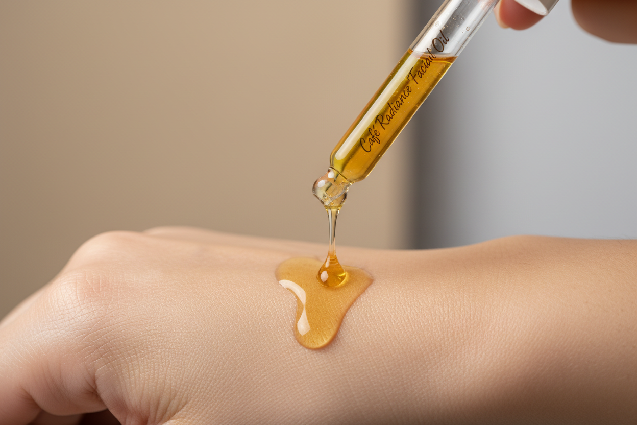 High-resolution image of a dropper applying Café Radiance Facial Oil onto the back of a hand or forearm. Skin is glowing and healthy, dropper visible with golden facial oil. Soft neutral background (beige or light gray), bright even lighting, clean and minimalistic e-commerce style. Focus on product and radiant skin, professional and inviting.