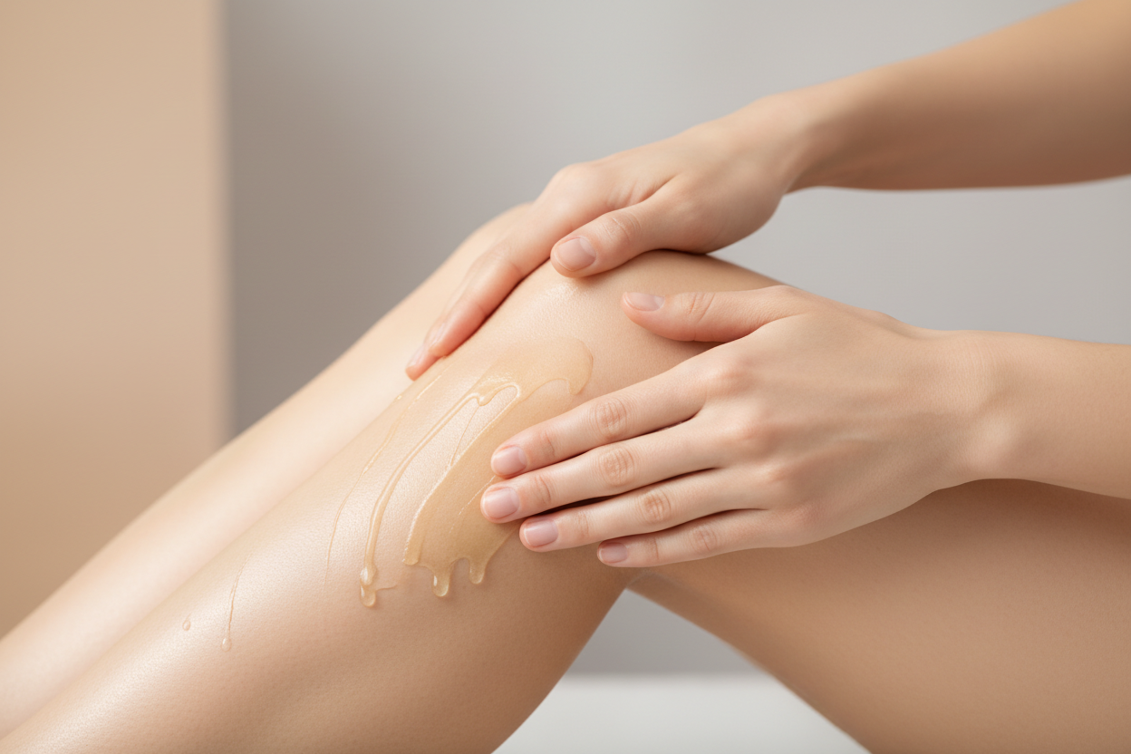 Close-up of a fair-skinned person’s hands applying oil to their legs, smooth and healthy skin. Soft, neutral background (beige or light gray), bright even lighting, high-resolution, realistic and professional e-commerce style. Focus on the product application and glowing skin, no clutter.