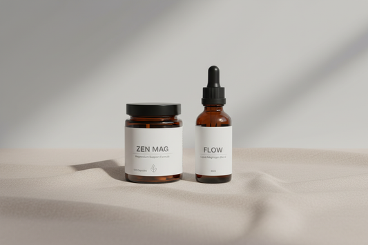 High-quality product photo of two wellness bottles labeled ‘Zen Mag’ in a round amber jar and ‘Flow’ in an amber dropper bottle , arranged side by side on a soft neutral background. Minimal shadows, bright and even lighting, clean and modern aesthetic, no clutter. Emphasize wellness and self-care, soft calming color palette (beige, soft gray, pastel tones). Focus on the products with sharp details, suitable for e-commerce.