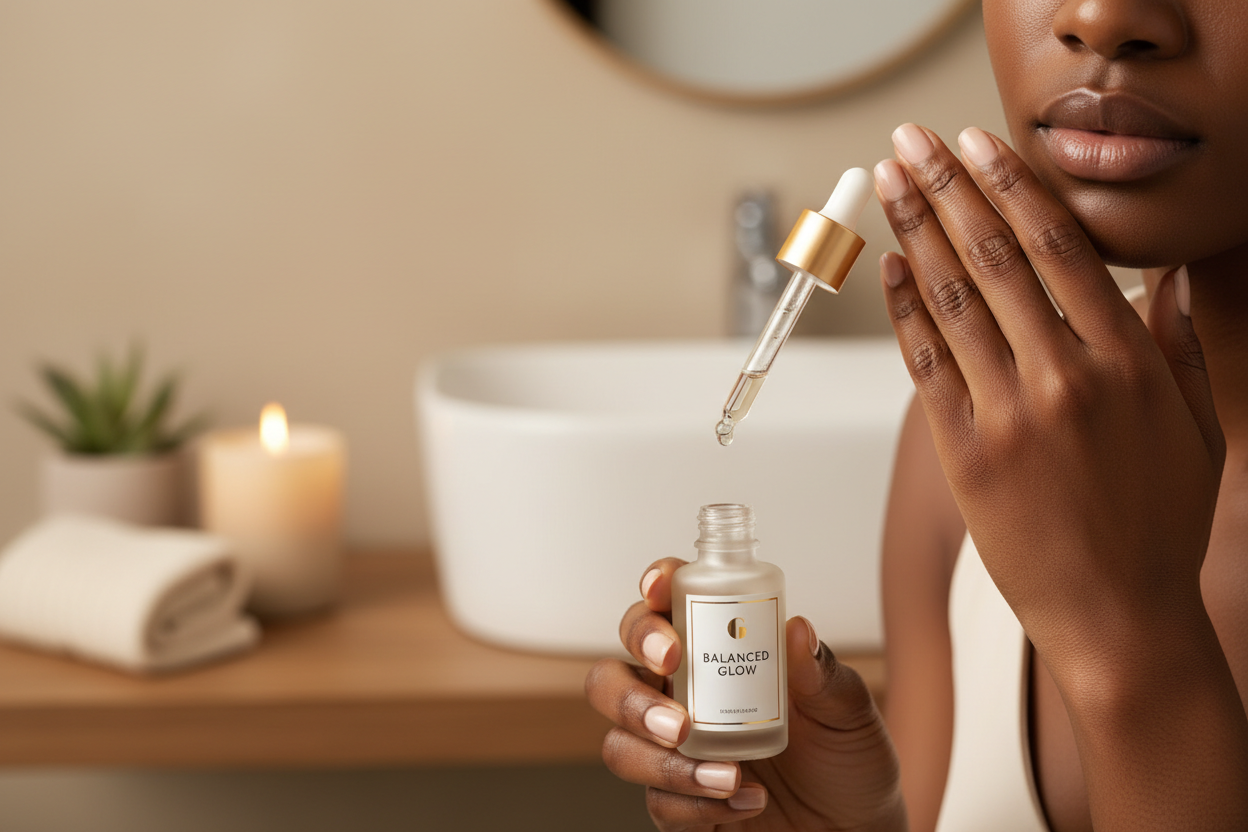 Melanated person gently massaging balanced glow Facial Oil onto their cheek in a cozy bathroom or spa setting. Skin glowing and radiant, soft warm lighting, minimalistic neutral background, subtle spa props like candle, small towel, or plant. Professional, realistic, and luxurious self-care vibe, high-resolution lifestyle image